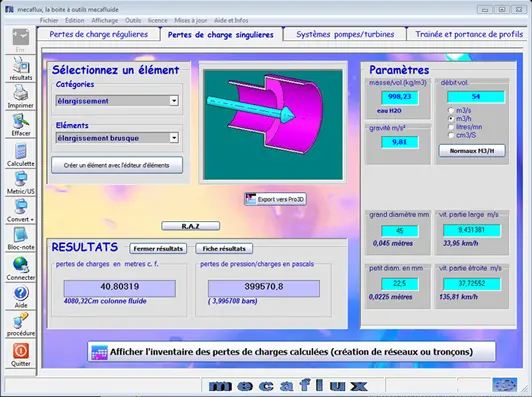 interface calcul pertes charge singulieres